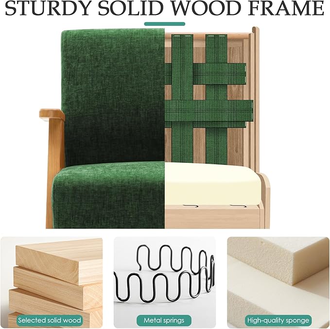 Home Accent Chair Mid Century Modern Accent Chair with Wood Frame Lounge Upholstered Armchair Reading Chair Sturdy BaseFor Living Room BedroomOfficeComfy Guest Waiting Room ChairsGreen