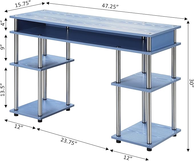 Convenience Concepts Designs2Go No Tools Desk Home Office Desk with Shelves Corner Shelf Vanity Desk Computer Desk Nail Table for Nail Tech - 47.25 L x 15.75 W x 30 H Blue
