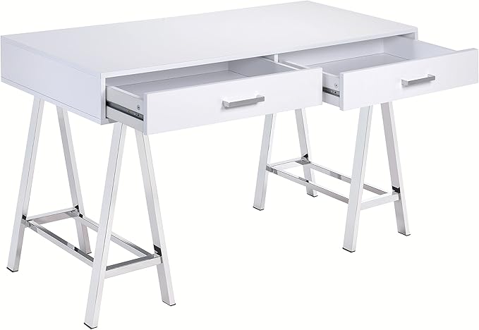 White High-Gloss Writing Desk with USB Port &amp Chrome Accents - Modern Home Office Desk