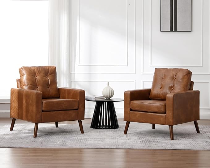 VESCASA Tufted Accent Arm Chairs with Wood Legs Faux PU Leather Comfy Upholstered Single Sofa Mid Century Modern Side Club Leisure Chairs for Reading/Living Room/Bedroom Set of 2 Caramel