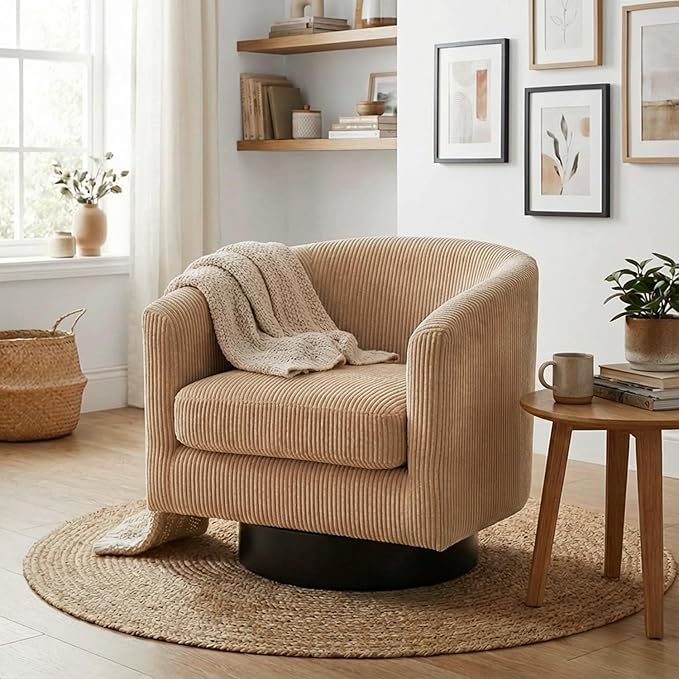 Swivel Accent Chair 360°Swivel Barrel Chair Comfy Upholstered Corduroy Club Armchair for Living Room Reading Room Bedroom (Light Brown)
