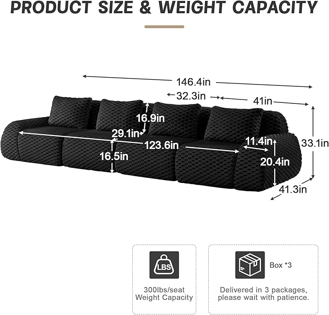 Cloud Sectional Couches for Living Room Boneless Couch Modular Sectional Sofa Modern Deep Seat Sofa with Pillows 4 Seater Comfy Floor Couch for Bedroom No Assembly RequiredBlack
