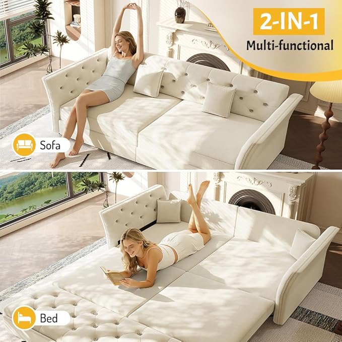 74.4'' Velvet Pull Out Sofa Bed Oversized Queen Sleeper Sofa with Handcrafted Floral Tufted Design 3-in-1 Convertible Sleeper Couch Tufted Deep Seat Couch for Living Room Apartment Beige