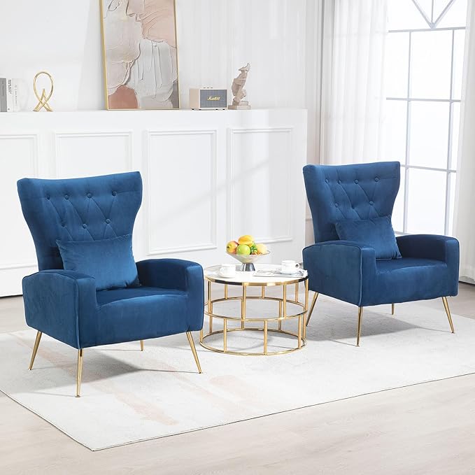 X-VOLSPORT Button-Tufted Velvet Accent Chairs Set of 2 Mid Century Modern Living Room Chair with High Wingback Upholstered Arm Chair with Metal Gold Legs for Bedroom Club Navy Blue