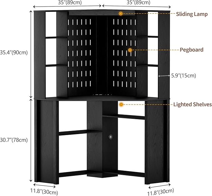 HNEBC Home Office Desk with Power Outlet &amp Chariging StationL-Shaped Corner Desk with Pull-Out LED LightsComputer Desk with Hutch &amp 10 ShelvesPegboards for Work &amp StudyBlack
