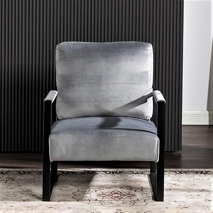 Container Furniture Classic Mid Century Modern Accent Chair with Durable Square Metal Frame Armchair for Living Room Bedroom Home Office in Plush Velvet Upholstery Grey