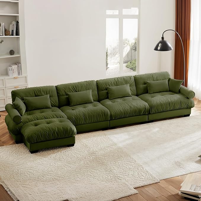 166 Oversized Couch 4 Seater Modular Sectional Sofa Olive Green Large L Shaped Sectional Couches for Living Room Fluffy Couch Set 4 Seater Velvet Cloud with Ottoman Sofas for Living Room