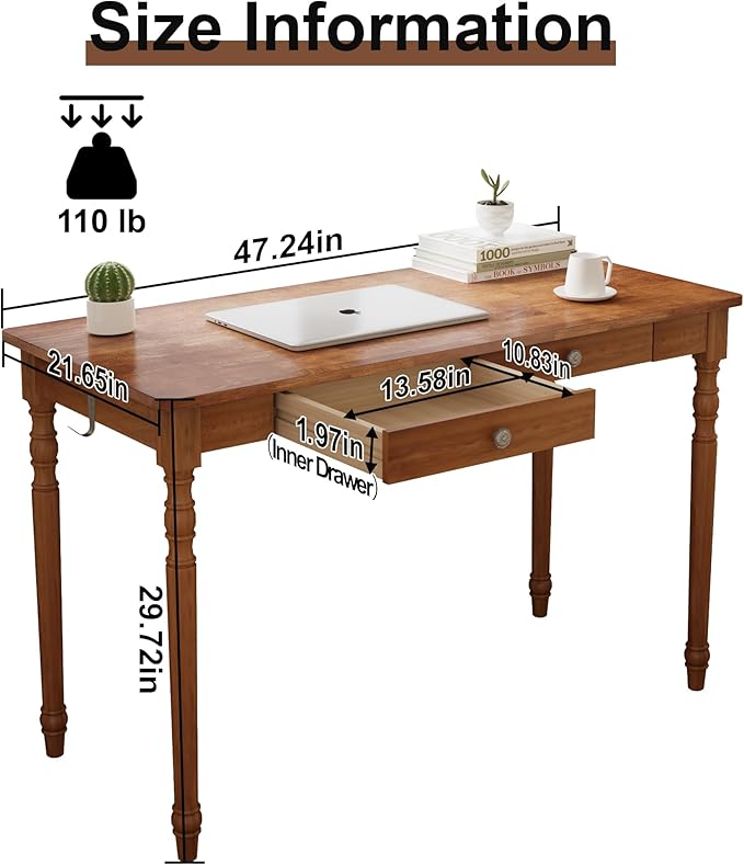 Mid Century Modern Desk 47 Vintage Solid Wood Desk with 2 Drawers Boho Writing Desk Computer Table for Home Office Bedroom Living Room