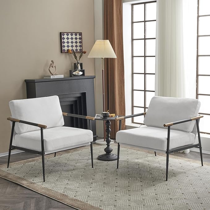 MIRASON Accent Arm Chair for Living Room Mid Century Modern Accent Reading Side Chair Upholstered Lounge Chair with Comfy Cushion and Metal Frame for Bedroom Office (Beige)