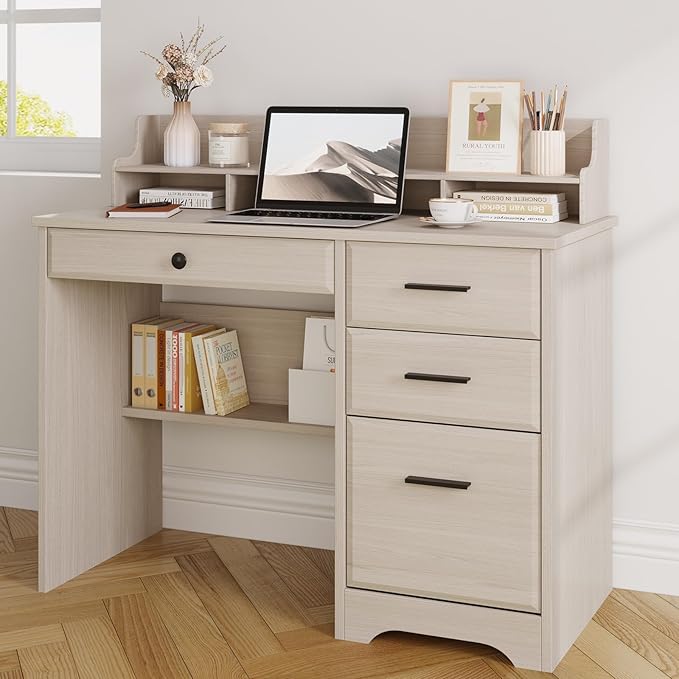 4 EVER WINNER Small Desk with Drawers Computer Desk with File Cabinet &amp Monitor Stand Home Office Desks with Drawers Wood Writing Desk for Bedroom Off White