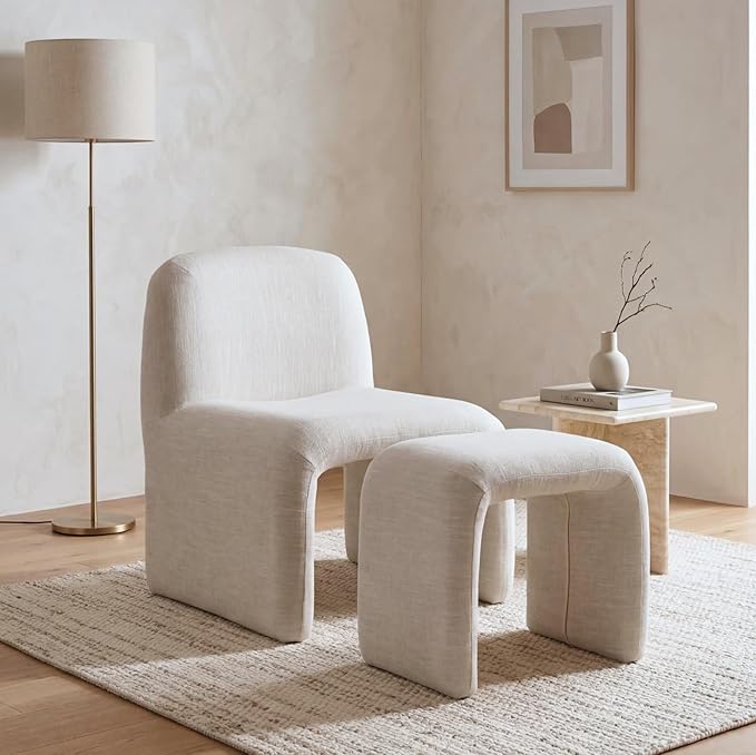 Modern Accent Living Room Chair with Ottoman Upholstered Mixed Linen Lounge Chair Comfy Side Reading Chair for Living Room Bedroom Apartment Office Beige