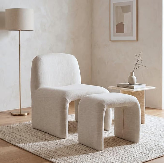Modern Accent Living Room Chair with Ottoman Upholstered Mixed Linen Lounge Chair Comfy Side Reading Chair for Living Room Bedroom Apartment Office Beige