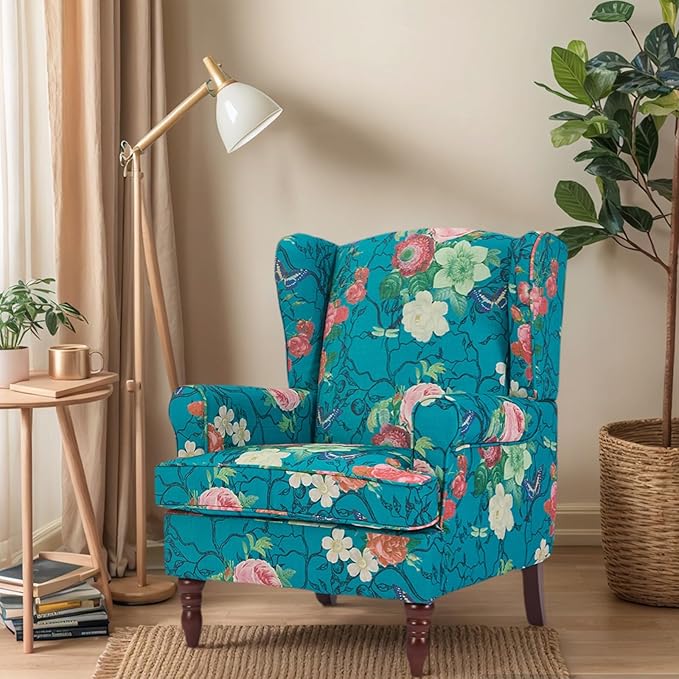 Chifee &amp Vingol Wingback Chair High Back Armchair Upholstered Living Room Chairs Comfy Single Sofa ChairCyan