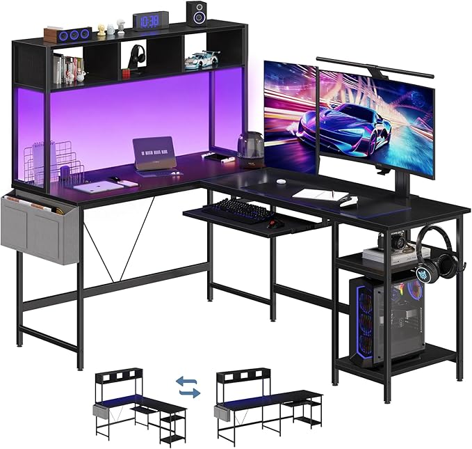 DUMOS L Shaped Gaming Desk 67” Reversible Computer Desks with Led Lights Corner Table with Keyboard Tray Side Bag Storage Shelf Metal Frame Wood Writing for Home Office Bedroom Black