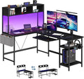 DUMOS L Shaped Gaming Desk 67” Reversible Computer Desks with Led Lights Corner Table with Keyboard Tray Side Bag Storage Shelf Metal Frame Wood Writing for Home Office Bedroom Black