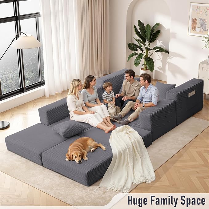 102 Upgraded L-shaped Modular Sectional Couches for Living Room Convertible Oversized Sleeper Sofa Bed-Luxury 1.5 Queen Bed. 11-in-1 Multifunctional Corduroy Boneless Folding Futon Couch Grey.