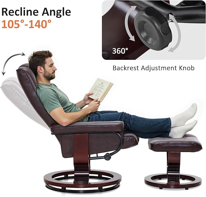 MCombo Manual Swivel Recliner with Ottoman Chair Ottoman Set for RV Small Spaces Living Room Bedroom Office 9019 4919 (Faux Leather Dark Brown)