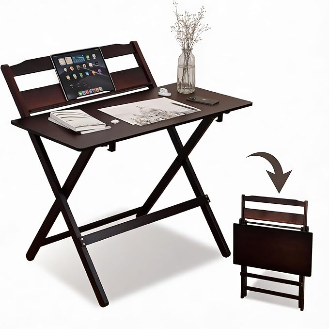 Bamboo Foldable Desk 31 Portable Oversized Desk with 3 Adjustable Heights Home Office Computer Desk with Reading Shelf Perfect Furniture for Living Room &amp Bedroom No Assembly (Walnut)