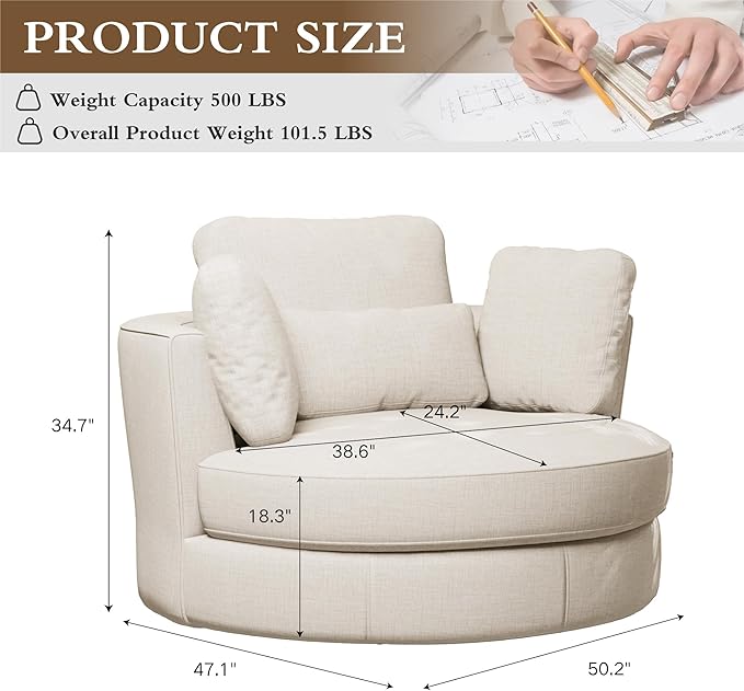 Chifee &amp Vingol 50.2 Oversized Swivel Accent Chair Upholstered Round Barrel Chair with Pillows Swivel Chairs for Living Room BedroomChenilleBeige