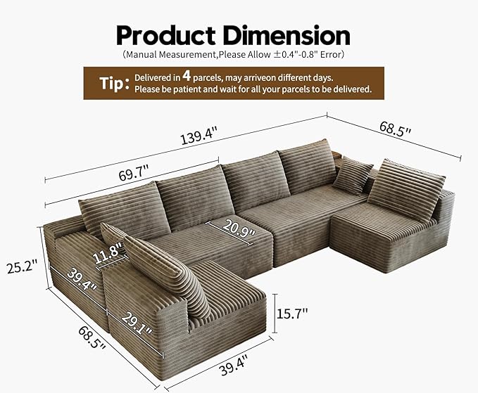 139.4 Modular Sectional Sofa U-Shaped Minimalist Couches with 2 Middle Seats Modern Deep Seat Convertible Sleeper Sofa BedCloud Plush Corduroy Fabric No Assembly Required 6 Seater Camel