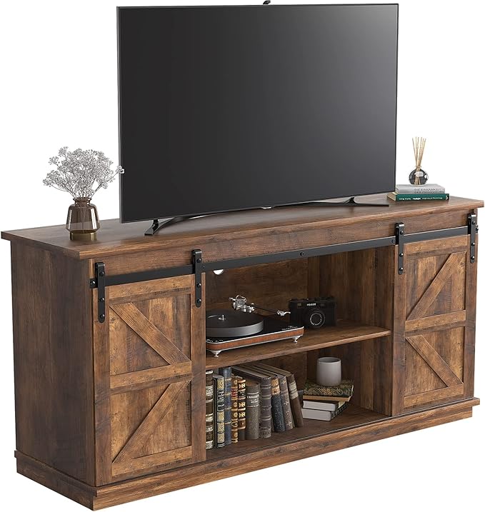JUMMICO TV Stand for 65 Inch TV Entertainment Center with Storage Cabinets and Sliding Barn Doors Mid Century Modern Media TV Console Table for Living Room Bedroom (Rustic Oak)