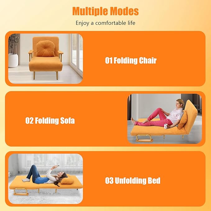 Convertible Sleeper Sofa Bed 3 in 1 Multi-Functional Sofa Chair Bed with 5 Position Adjustable Backrest Folding Sofa Bed Floor Single Chairs Fold Out Chair Beds for Living Room (Orange)
