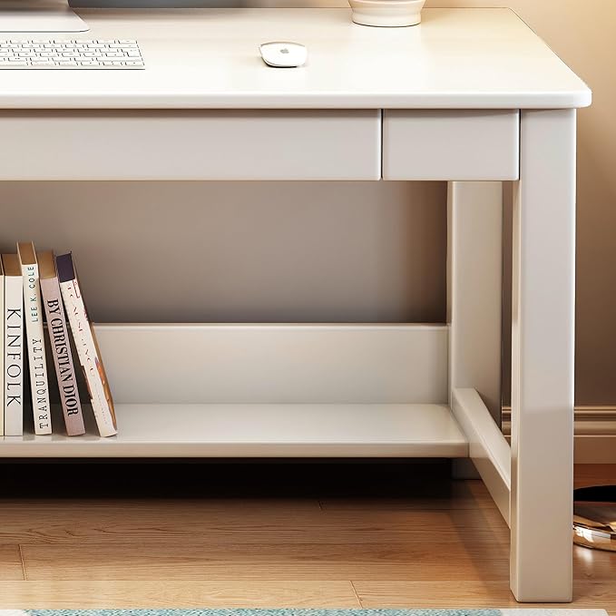 63’’ Extra Long Desk Wooden Computer Desk with 2 Drawers and Storage Bookshelf Writing Table for Office with Chair (White)