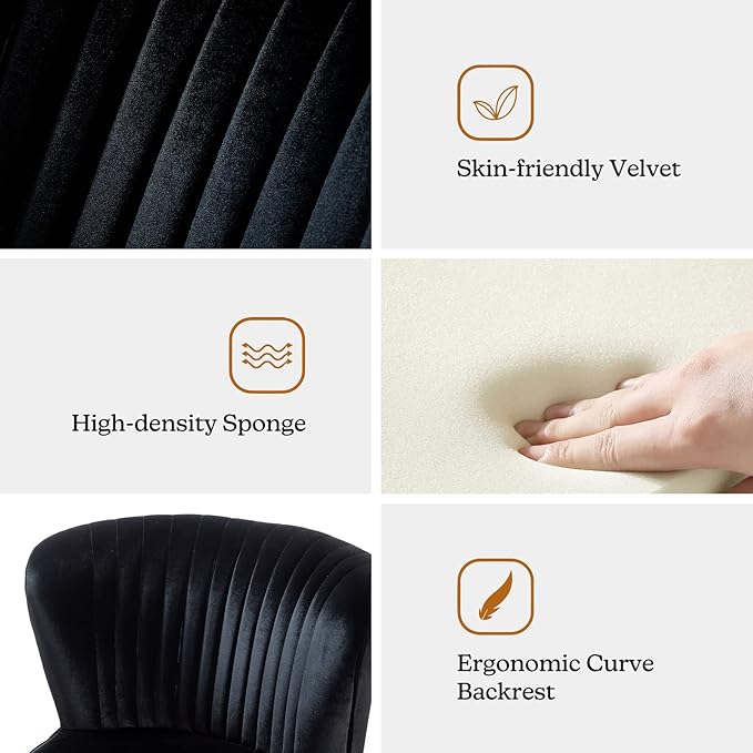 TINA'S HOME Velvet Accent Chair Set of 2 with Metal Golden Legs Upholstered Armless Slipper Chair with Wingback Mid Century Side Chair for Living Room Bedroom Vanity- Black