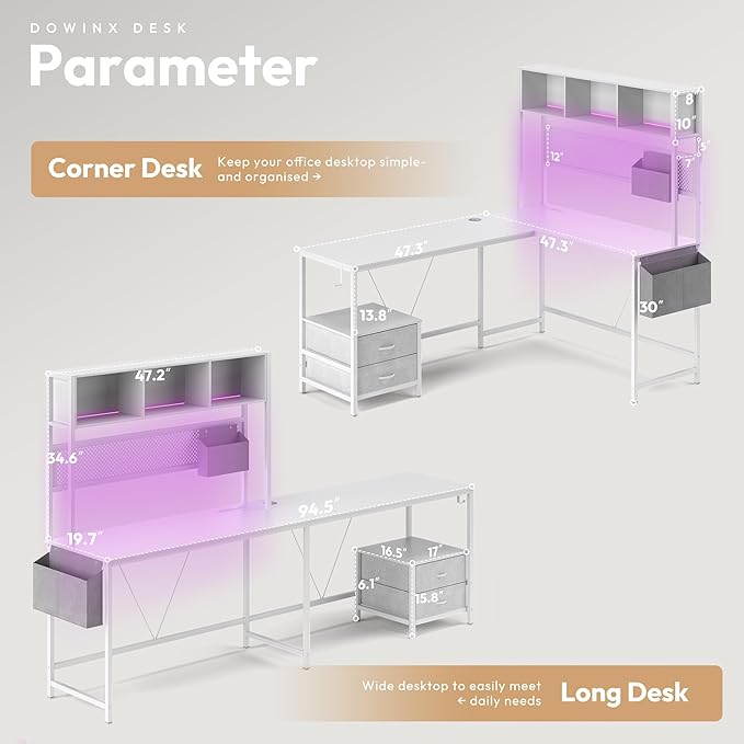 Dowinx 67” L-Shaped Gaming Desk with Pegboard &amp Drawers Reversible Computer Desk with RGB Lights &amp Power Outlets Corner Workstation with Storage &amp Hutch for Home Office &amp Gaming Whit