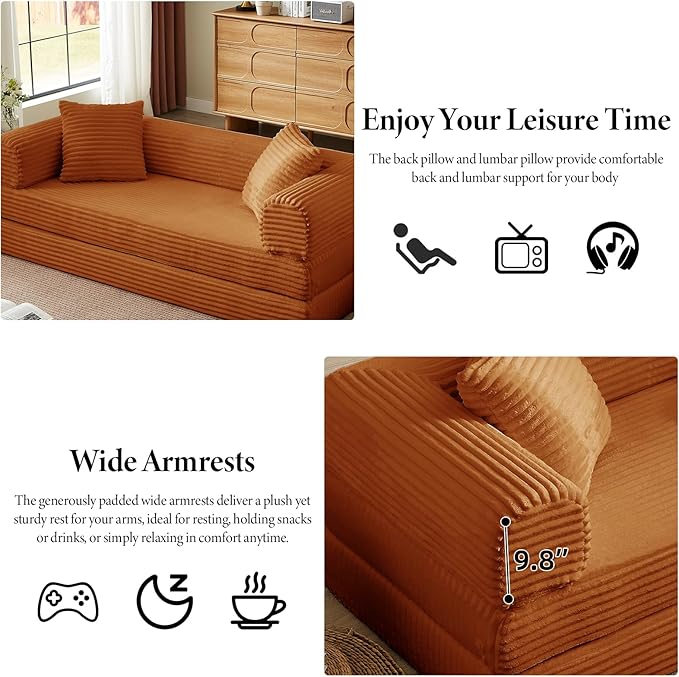 Folding Convertible Sleeper Sofa Bed Corduroy Upholstered Boneless Couch with Pillows Modular Floor Sofa Compression Couch for Living Room No Assembly Required (Orange)