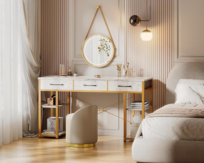 ODK Vanity Desk with 3 Fabric Drawers &amp Storage Shelves Makeup Dressing Table Home Office Desks for Bedroom Small Modern Writing Desk for Girls Bedroom White and Gold 48x16 (No Mirror)
