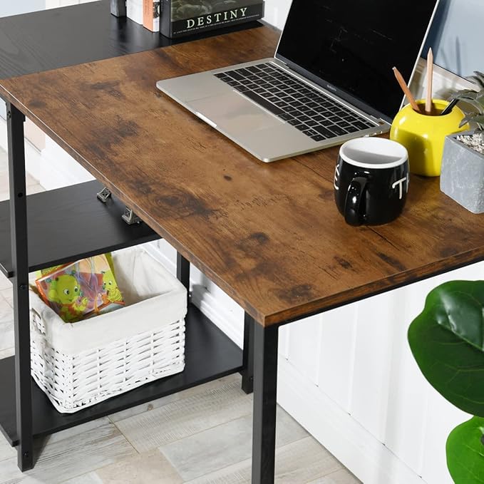 Black Brown Wood Top Contemporary Writing Table with 2 Storage Shelves for Home Office Study Computer Desk L39.3 x W18.9 x H29.1