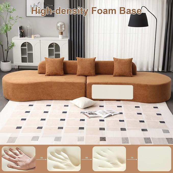130.5” Oversized Curved Sectional Sofa Modern Cloud Curved Couch Boneless Compression Sofa with 3 Pillows for Living Room Apartment Office No Assembly Required Terrycloth Fabric Brown
