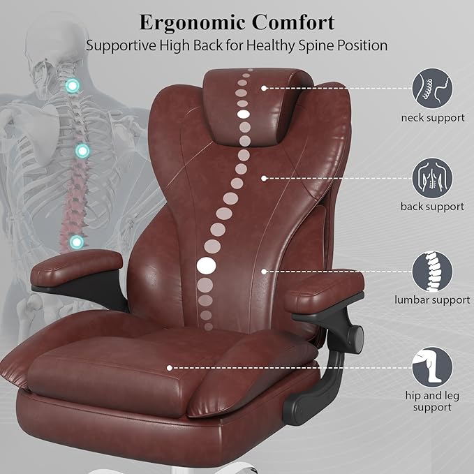 Office Desk Chair Executive Leather Office Chair High Back Ergonomic Home Desk Chair with Padded Flip-up Arms Big and Tall Computer Chair with Rocking Function 360°Swivel Free Brown