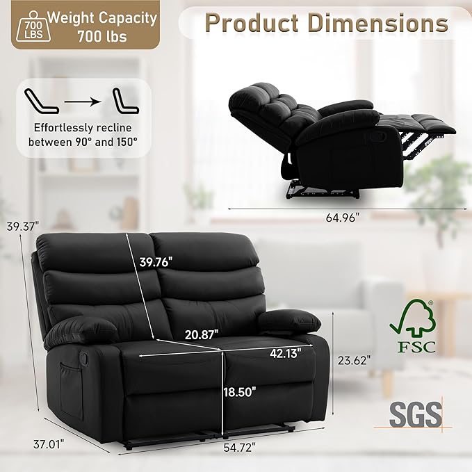 Faux Leather Reclining Loveseat Manual Double Love Seat Recliner RV Loveseat Recliner with Side Pockets for Living Room Home Theater Black