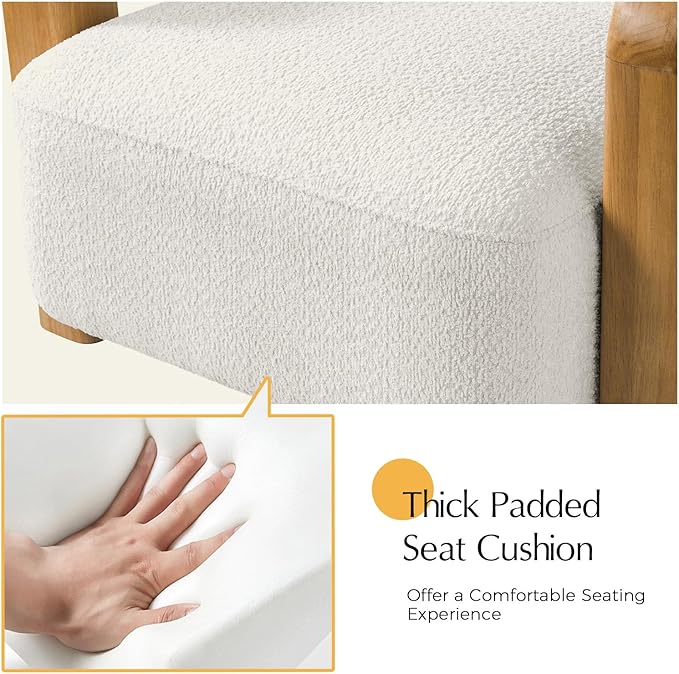 HULALA HOME Boucle Accent Chair Modern Low-Profile Leisure Armchair with Thick Padded Seat Cushion Solid Wood Frame &amp Curved Armrests Ideal for Living Room/Bedroom/Reading Corner(Ivory)