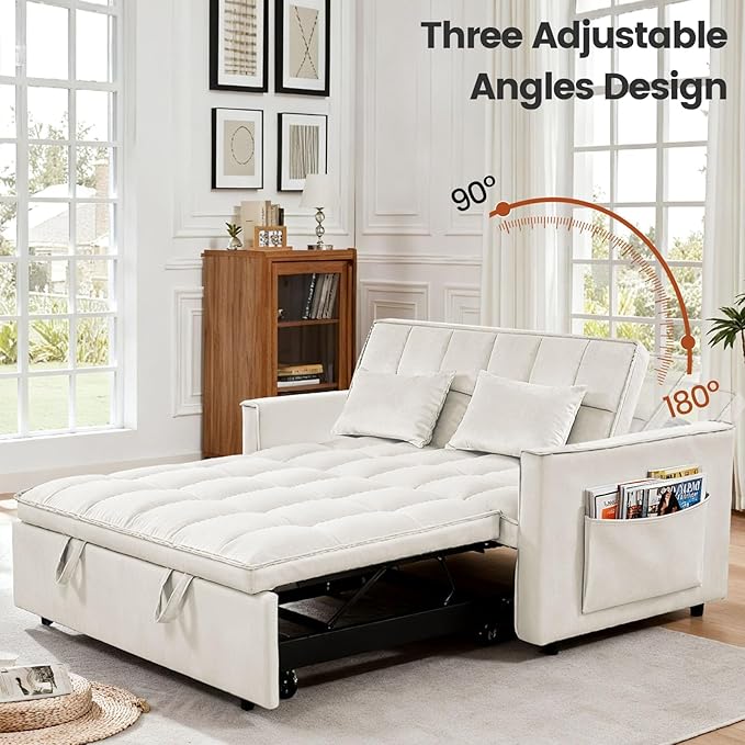 Convertible Sofa Bed Pull Out Couch with Side Pockets 3 in 1 Velvet Fabric Loveseat Sleeper Sofa Bed Pull Out Couch with Adjustable Backrest for Living Room Bedroom Apartment White
