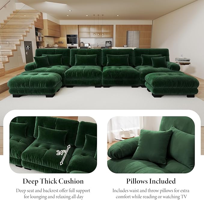 133.8 Oversized Modular Sectional Sofa 3 Seater Green Large Sectional Couches for Living Room Chenille Fabric Sofa Set Cloud Couches Deep Seat Modern Sofas para Sala