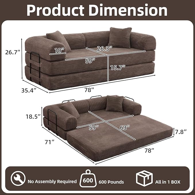 Convertible Folding Sofa BedFold Out Floor Sofa Couch with Fixed-Shape FrameCorduroy Foldable Mattress Cloud Couch for Living Room Bedroom (Brown 78 Inch)