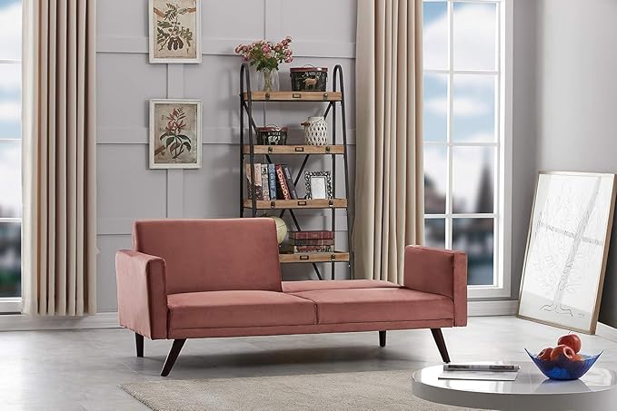 72 Retro Velvet Sofa Bed - Vintage Modern Convertible Futon w/Reclining Backrest - Velvet Upholstery on Solid Wood Frame (72 L x 34.6 W x 30.23 H) Rose