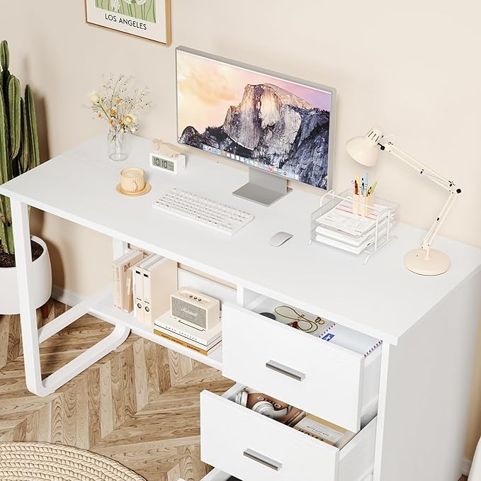White Desk with Drawers 47 Inch Computer Desk with 3 Drawers for Bedroom Study Desk with Drawers for Small Spaces Bottom Shelves