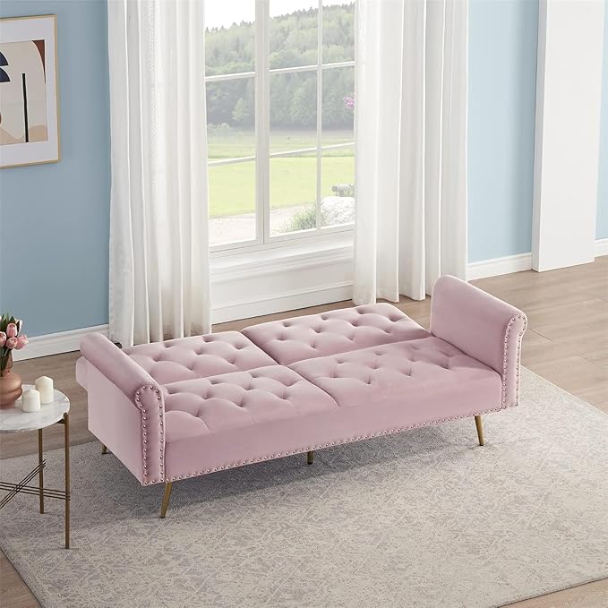 69.7'' Convertible Velvet Sleeper Sofa Bed Upholstered Futon Couch with Nail Head Trim and 2 Matching Throw Pillow for Living Room Bedroom Home Office (Pink)