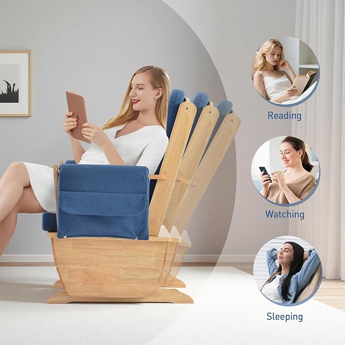 Modern Glider Rocker with Padded Cushion Solid Wood Glider Gentle Rocking Chair Soft Skin-Friendly Three Proof Fabric Water Oil ResistantSmooth Rocking Motion Indoor Living Room Blue