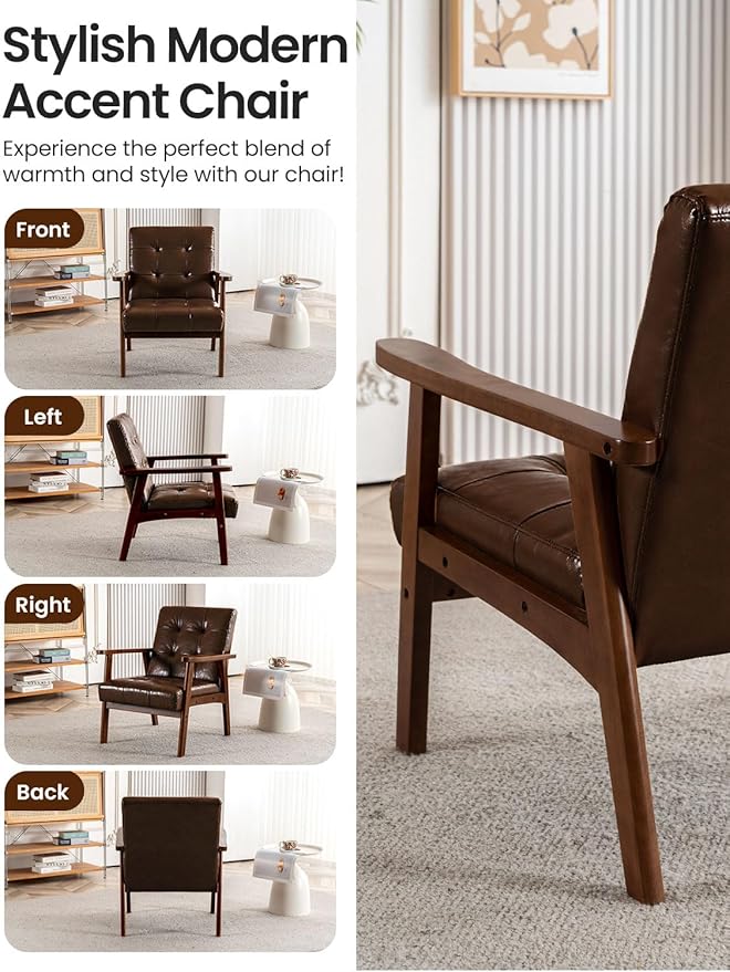 Mid Century Modern Accent Chairs for Living Room Comfy Bedroom Chairs for AdultsSmall Wide Reading Nook Arm Chair 105° Ergonomic Cozy Brown Leather Armchair with Rubber Wood