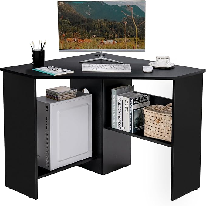 Small Corner Desk Space-Saving Corner Workstation with Storage Shelves &amp CPU Stand 90 Degree Triangle Makeup Vanity Desk Wood Corner Computer Desk for Small Space (Black)