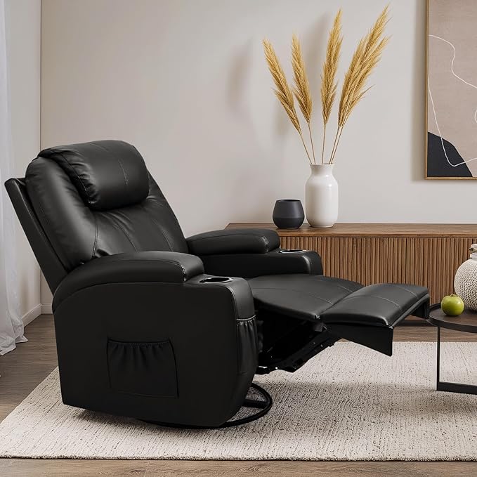 Recliner Chair 360° Swivel Rocker Chair for Adults Rocking Recliner Chair with Massage Comfy Single Sofa with Side Pockets Cup Holders for Living Room Bedroom Nursery (Leather Black)