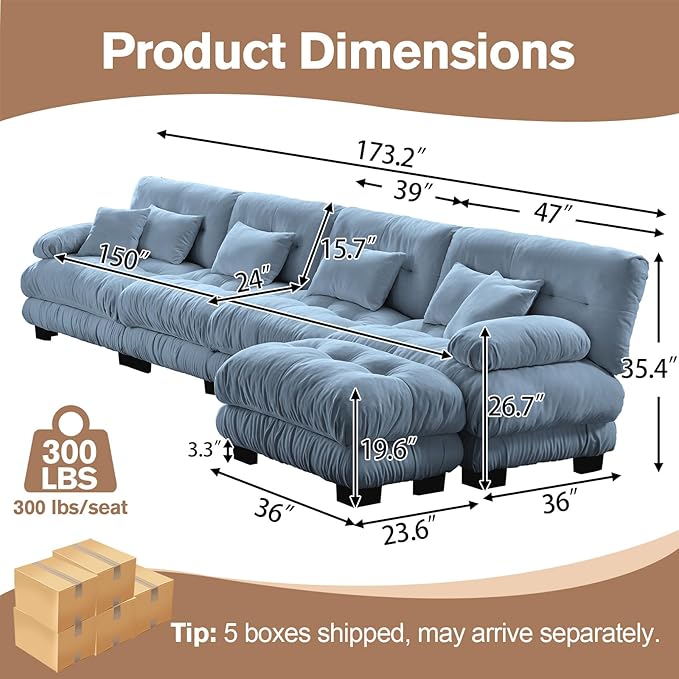 173.2 Oversized L Shaped Couch Chenille Modular Sectional Sofa 4 Seater Deep Seat Sofa with Movable Ottoman Modern Cloud Couch with Thick Seat Cushion Sectional Couches for Living Room Blue