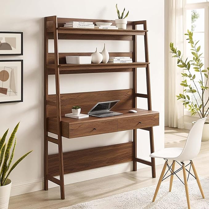 Pemberly Row Modern Particleboard and MDF Office Desk Walnut Finish 71 in x 49 in x 18.5 in Slim Tiered Design with Shelves and Full-Extension Drawers Home Office Workspace Furniture