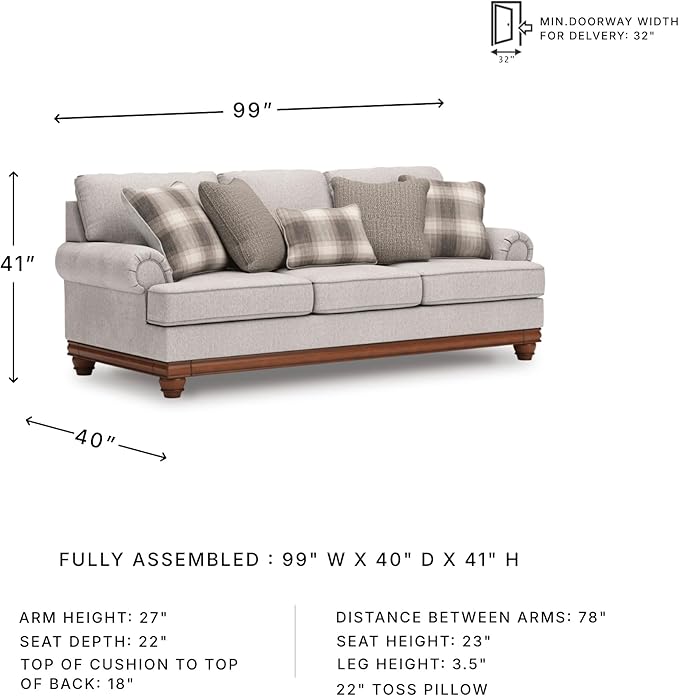 Signature Design by Ashley Meadowview Classic Upholstered Sofa with Reversible Seat Cushions 5 Accent Pillows and Rolled Armrest Light Gray