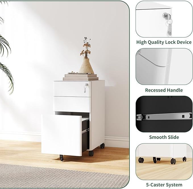 3 Drawer Filing Cabinet Lockable Metal File Cabinet Mobile File Cabinets for Home Office Under Desk Cabinets for Organizer A4/Letter/Legal Fully Assembled (White 1)